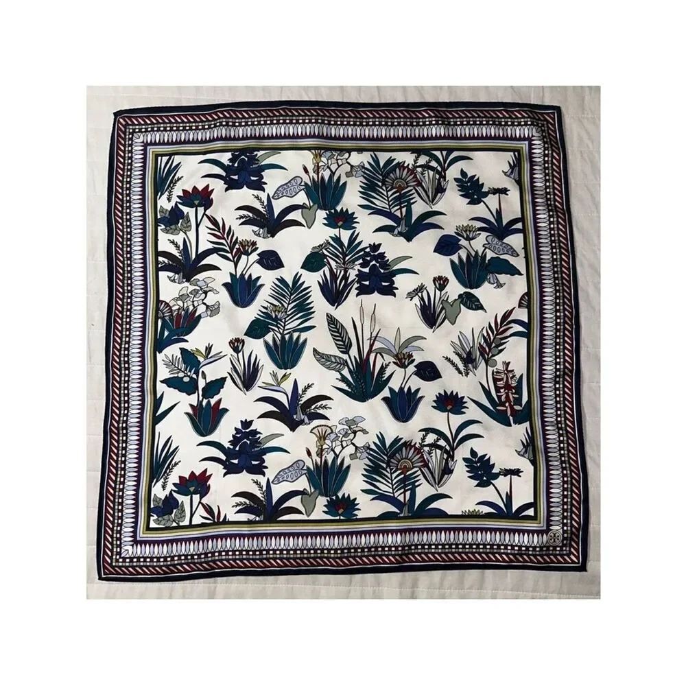 Tory Burch White Navy Green Teal Rust Burgundy Blue Floral Square Scarf